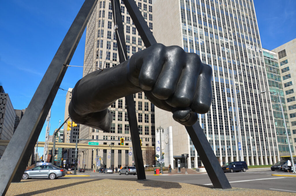 Joe Luis Monument fist statue in downtown Detroit, Michigan
