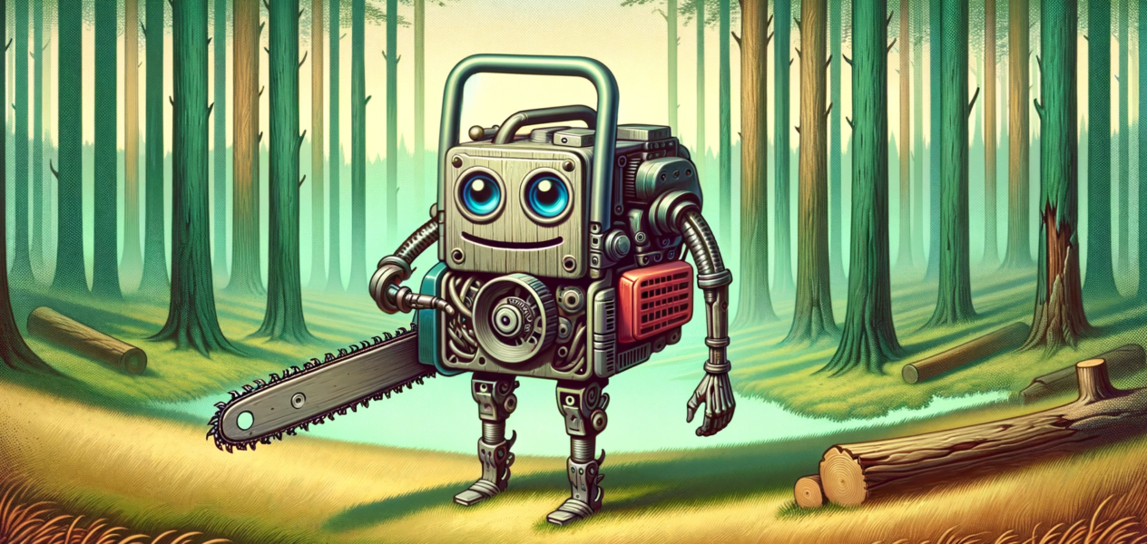A little robot holding a chainsaw in the forest