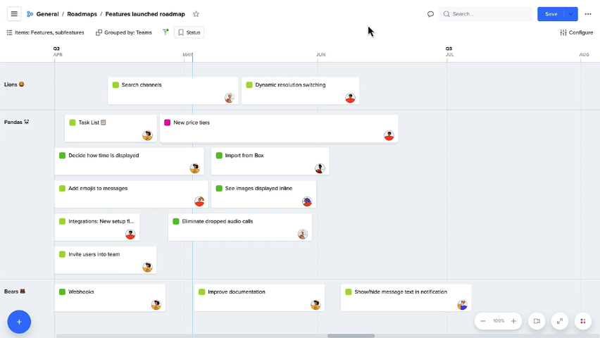 Features launched roadmap in Productboard illustrating okr strategy improvement and team achievements