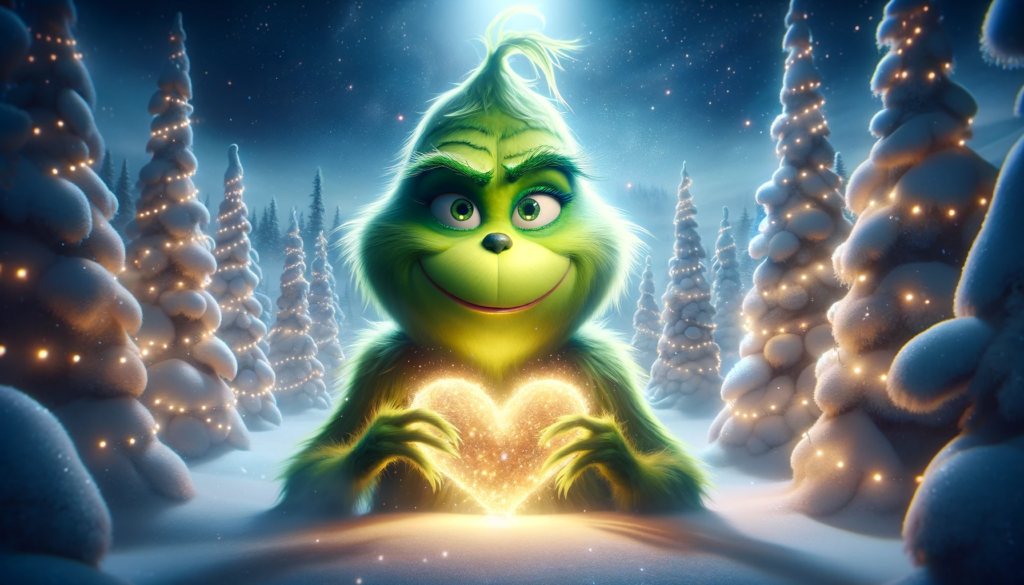 Grinch-like character embracing okr strategy improvement with a glowing heart amid festive trees