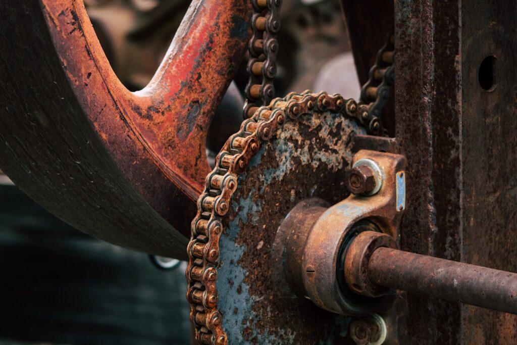 Rusty mechanical gears representing software engineering with Rust programming.