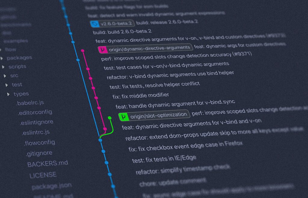 Close-up view of effective Git commits with branching lines in a code repository.