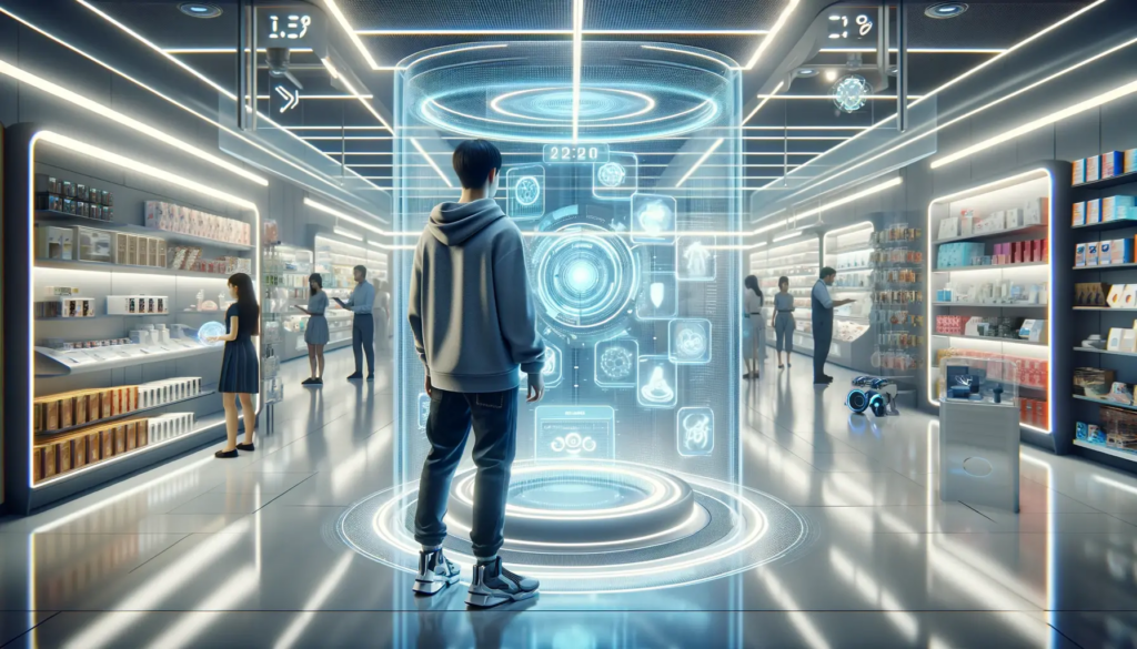 A shopper experiencing futuristic digital payments in a modern, high-tech store.