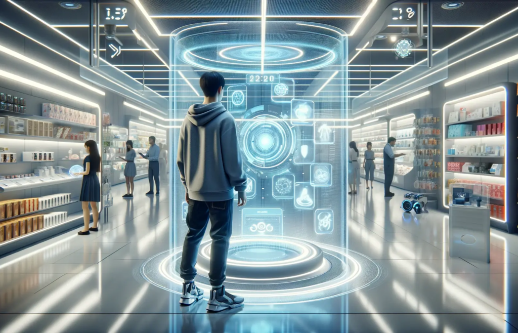 A shopper experiencing futuristic digital payments in a modern, high-tech store.