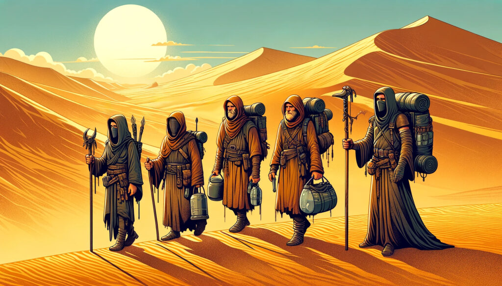 Dune travelers in desert symbolizing teamwork in auto retail innovation journey.