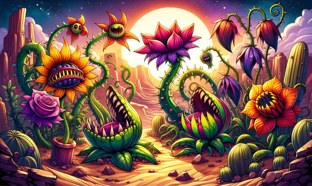 Fantastical desert flora with teeth symbolizing risky assumptions in auto retail innovation.