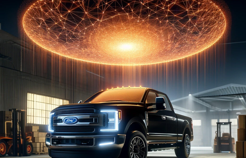 Futuristic abstract pickup truck image with network-connected surveillance graphics illustrating mobile-first marketing site optimization.